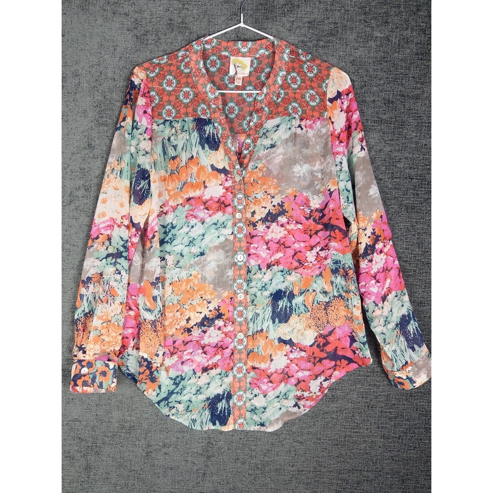 Fig and Flower Shirt Womens PM Artwork Floral Smocked Boho Anthropologie